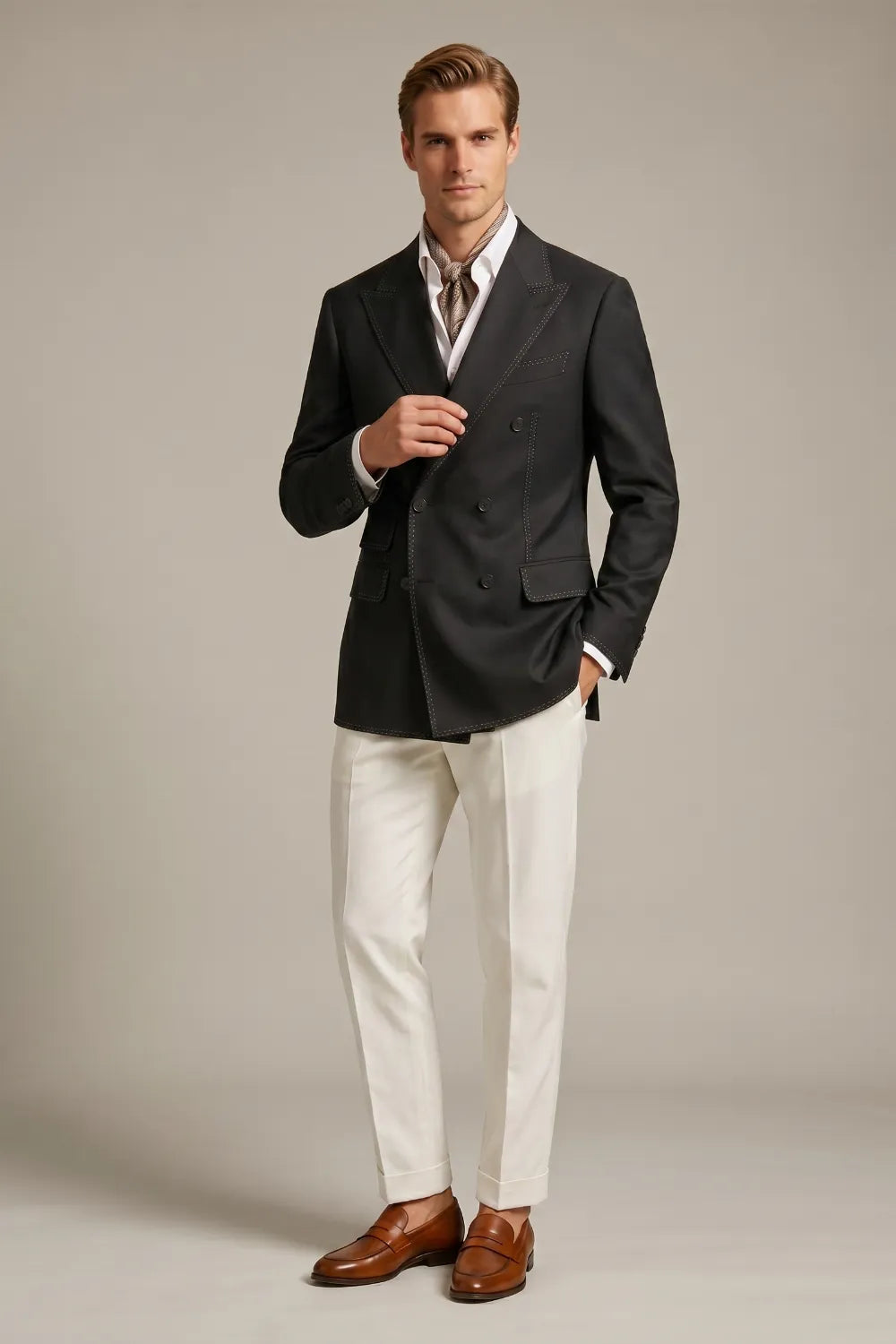 Men's Black Double Breasted Peak Lapel Textured 2 Piece Suit