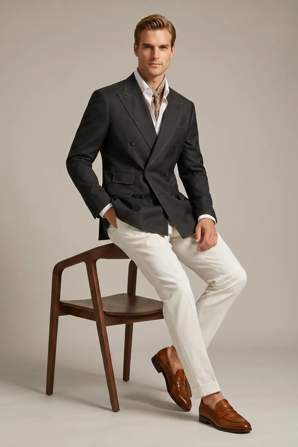 Men's Black Double Breasted Peak Lapel Textured 2 Piece Suit