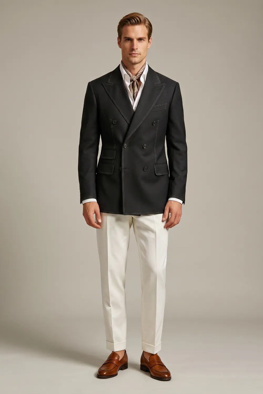 Men's Black Double Breasted Peak Lapel Textured 2 Piece Suit
