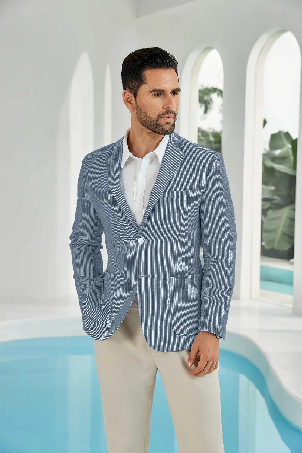 Navy blue-white seersucker striped men's summer blazer