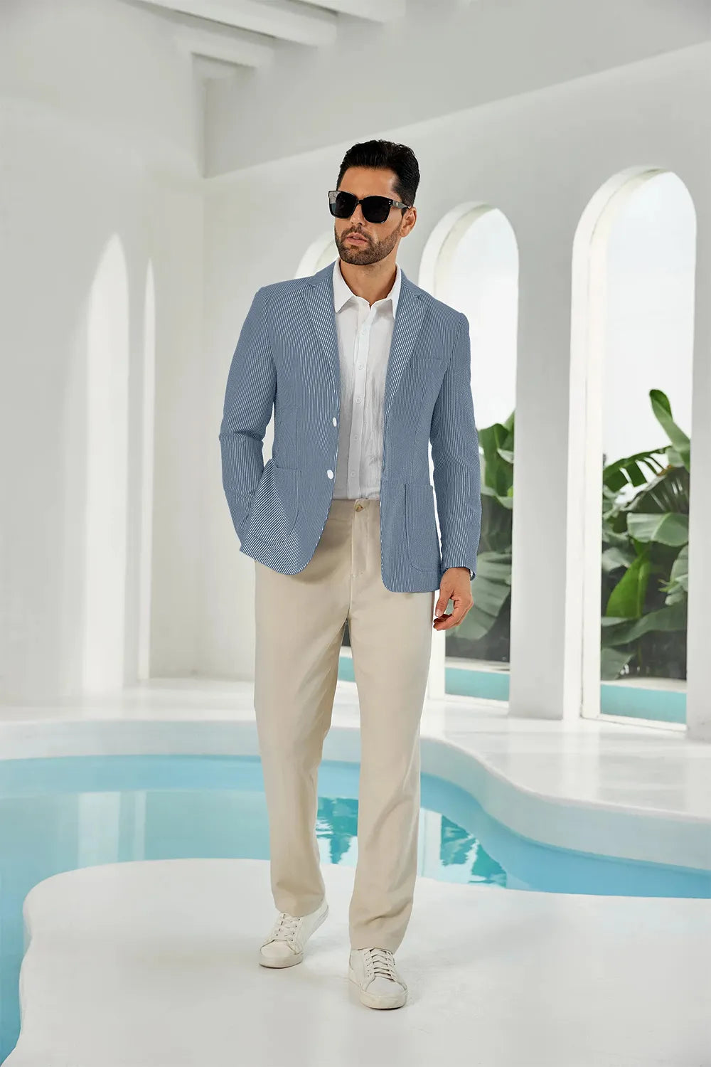 Navy blue-white seersucker striped men's summer blazer front display