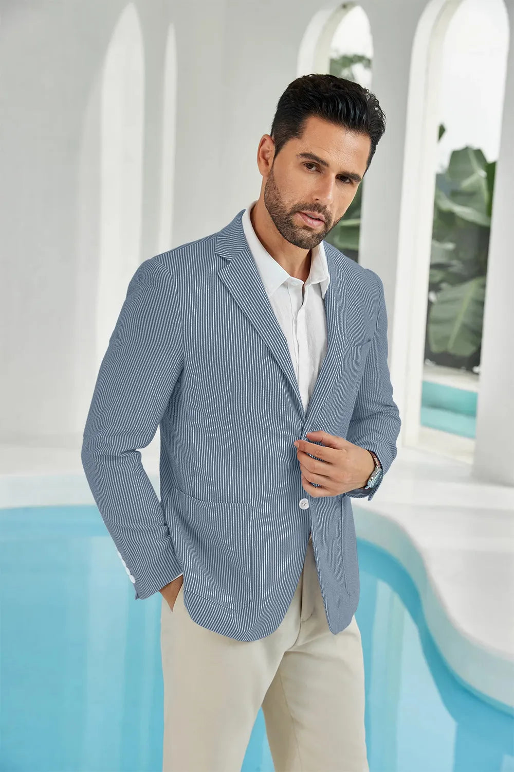 Navy blue-white seersucker striped men's summer blazer side display