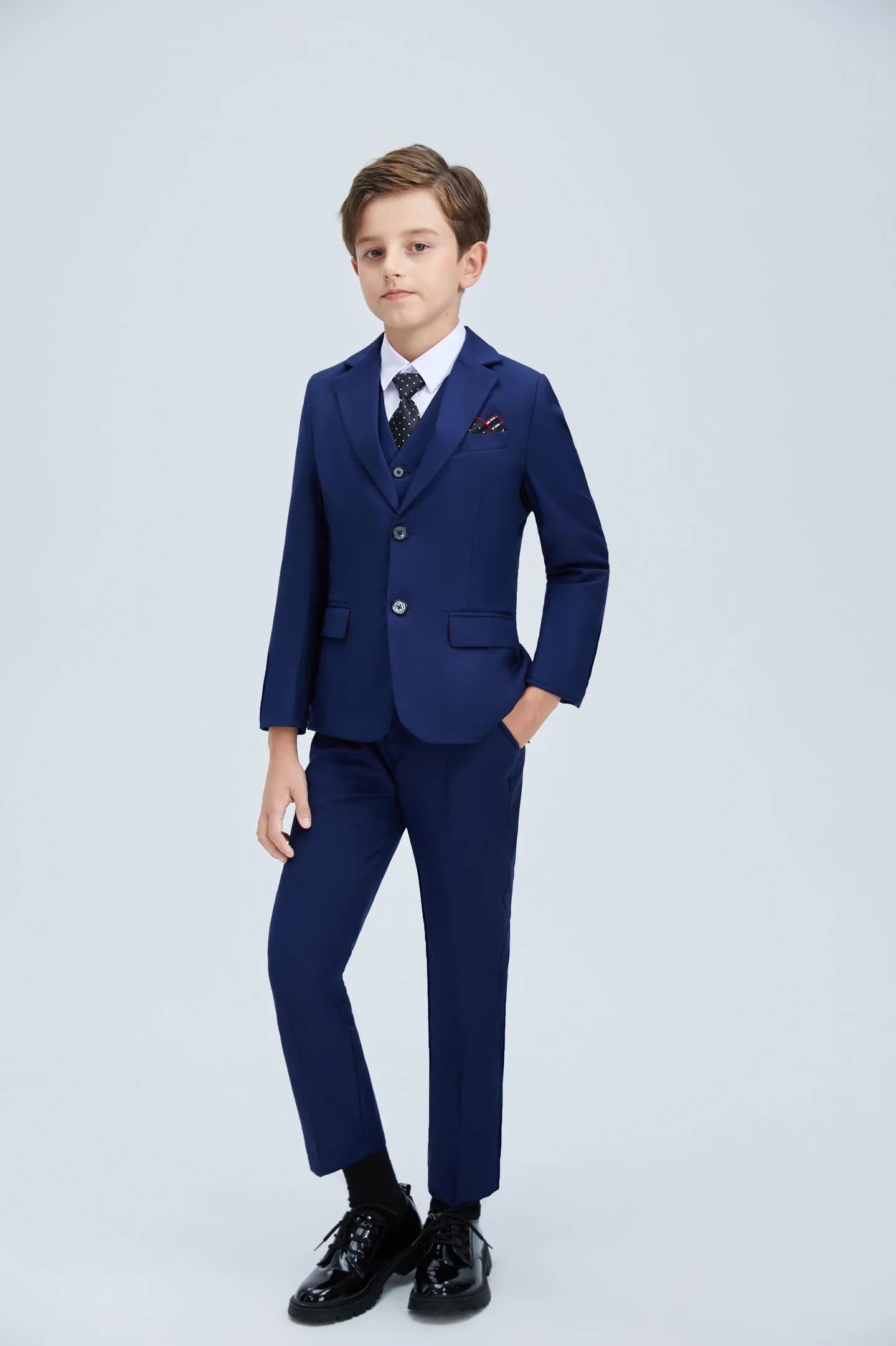 Navy boys' 5-piece suit with polka dot tie & pocket square - formal prom outfit
