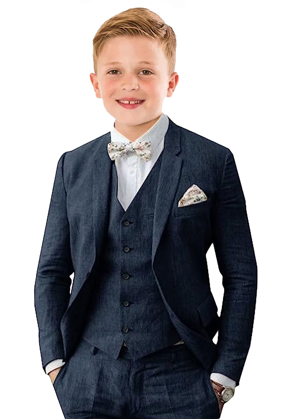 Navy 3 piece boys linen suit with vest and bow tie – sleek formal summer outfit