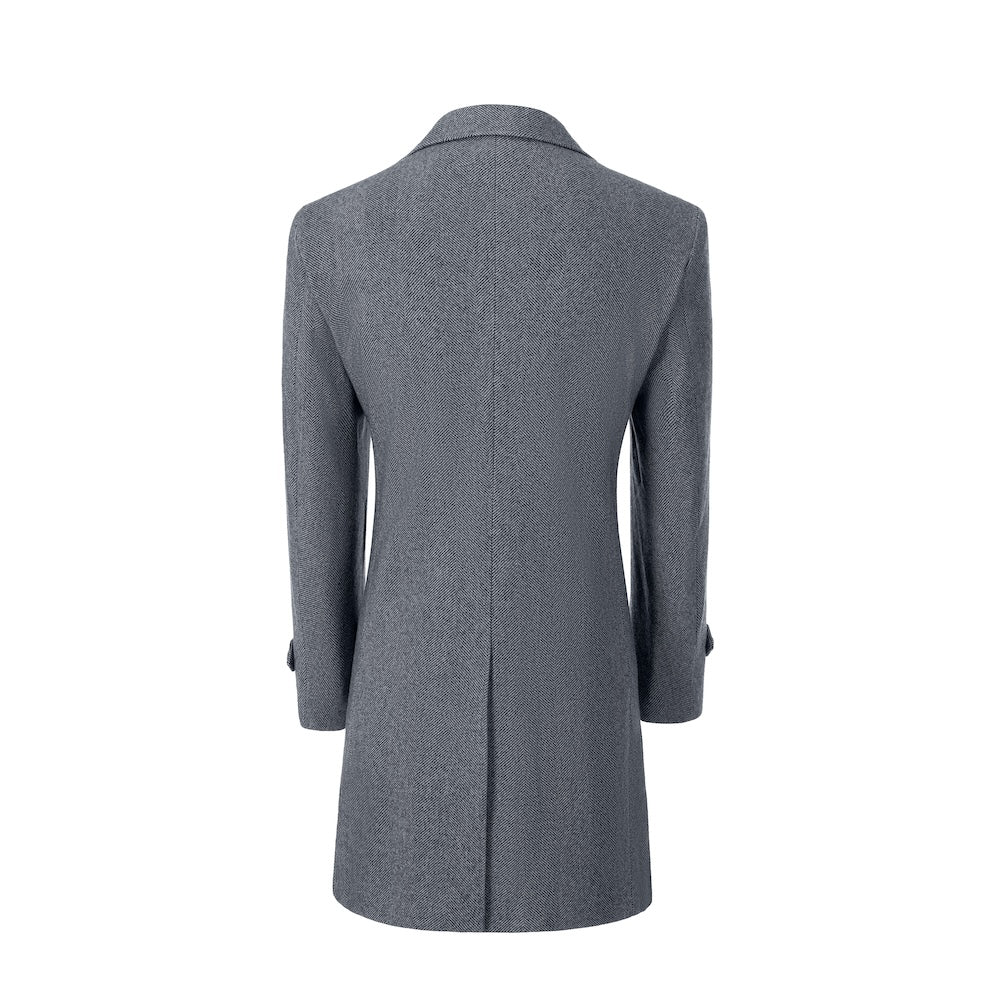 Navy back view of long coat for men – tailored winter style