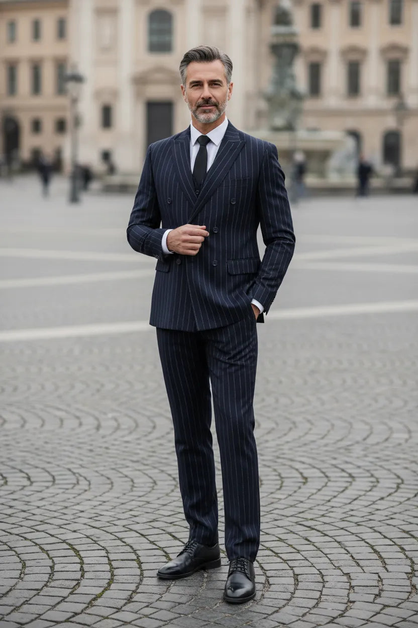Men's Classic Pinstripe Double Breasted 3 Piece Suit