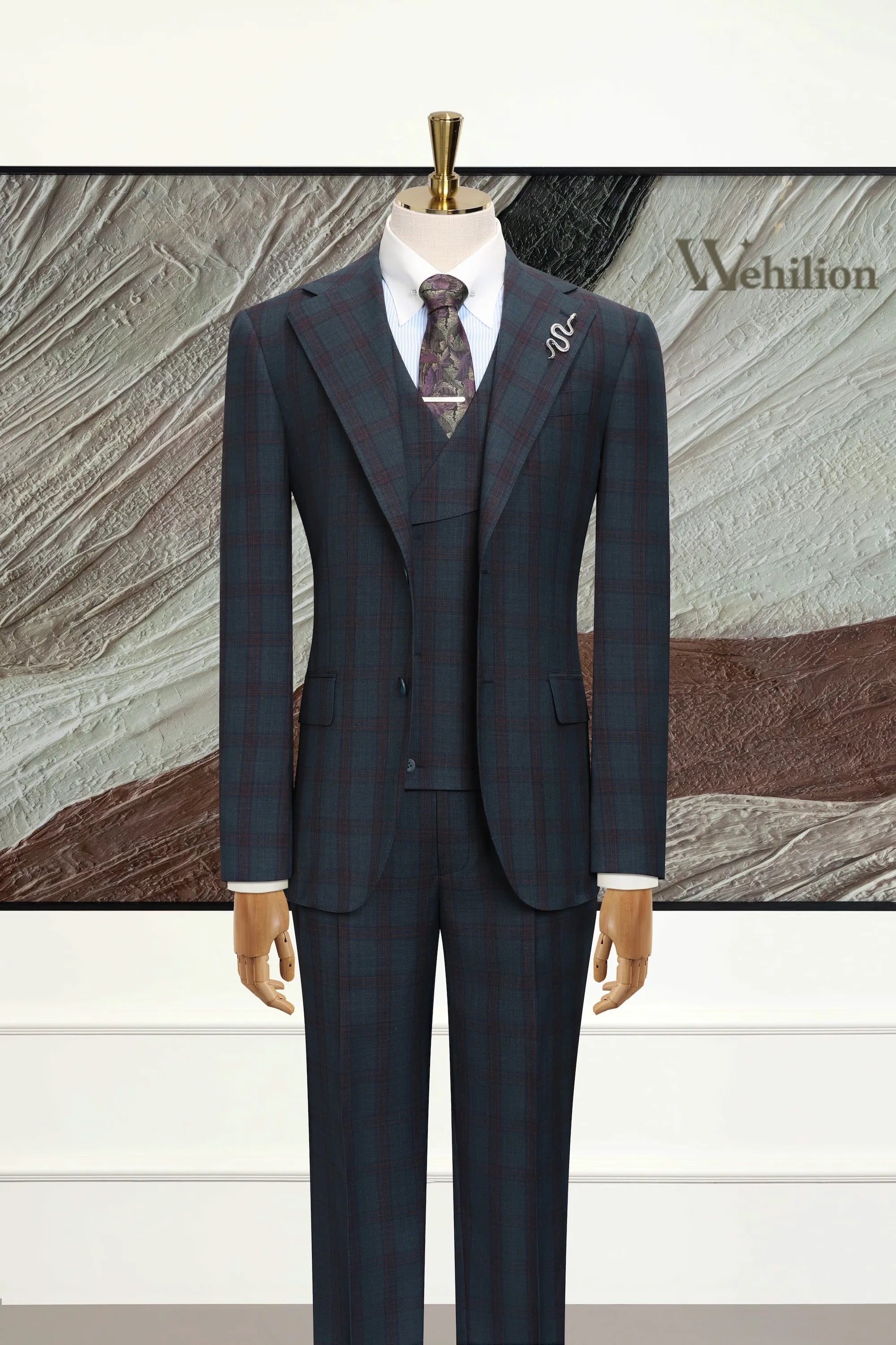 Men's Navy Wool Blend 3 Piece Suits