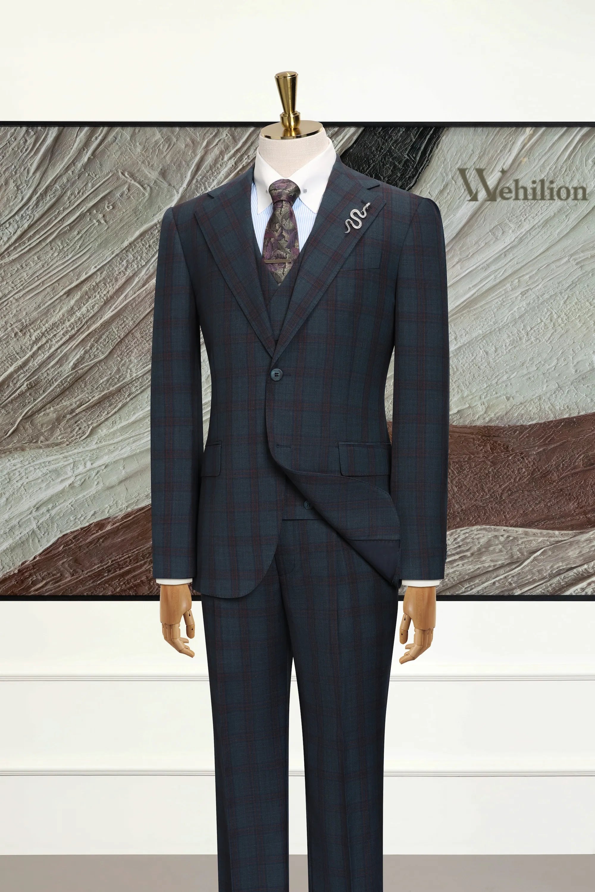Men's Navy Wool Blend 3 Piece Suits