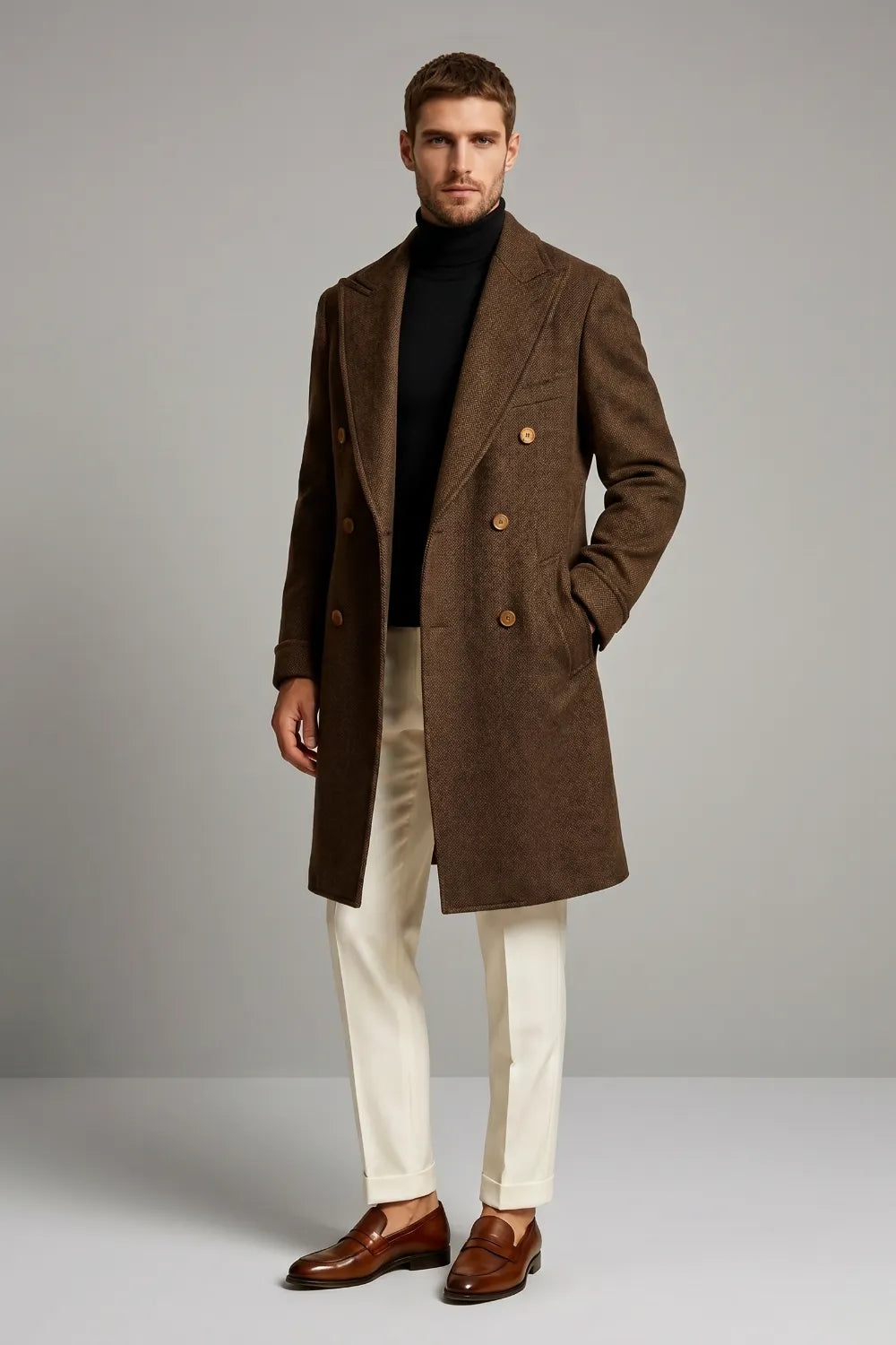 Men's Brown Herringbone Wool Blend Double Breasted Overcoat