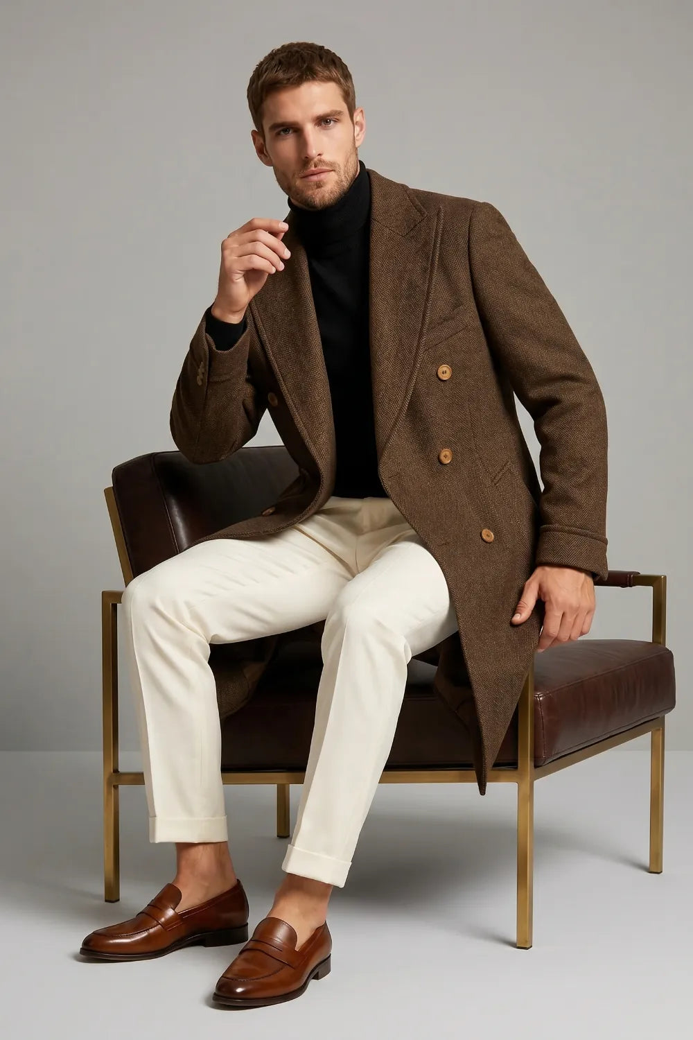 Men's Brown Herringbone Wool Blend Double Breasted Overcoat