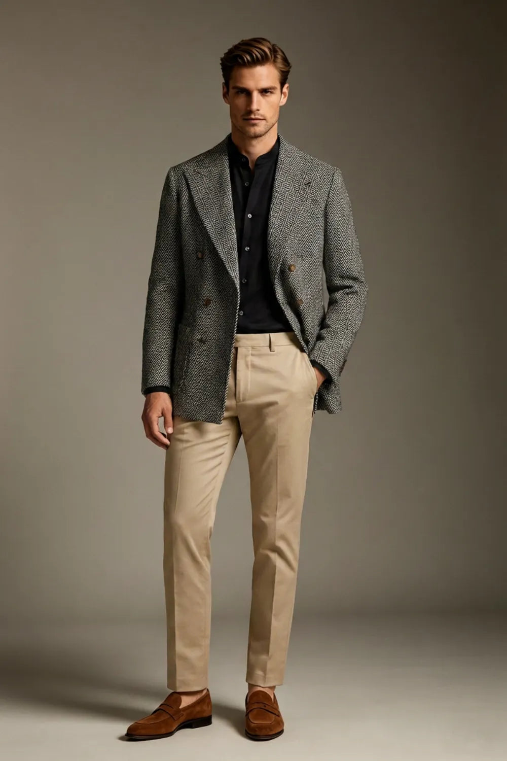 Men's Charcoal Grey Herringbone Double Breasted 2 Piece Suit