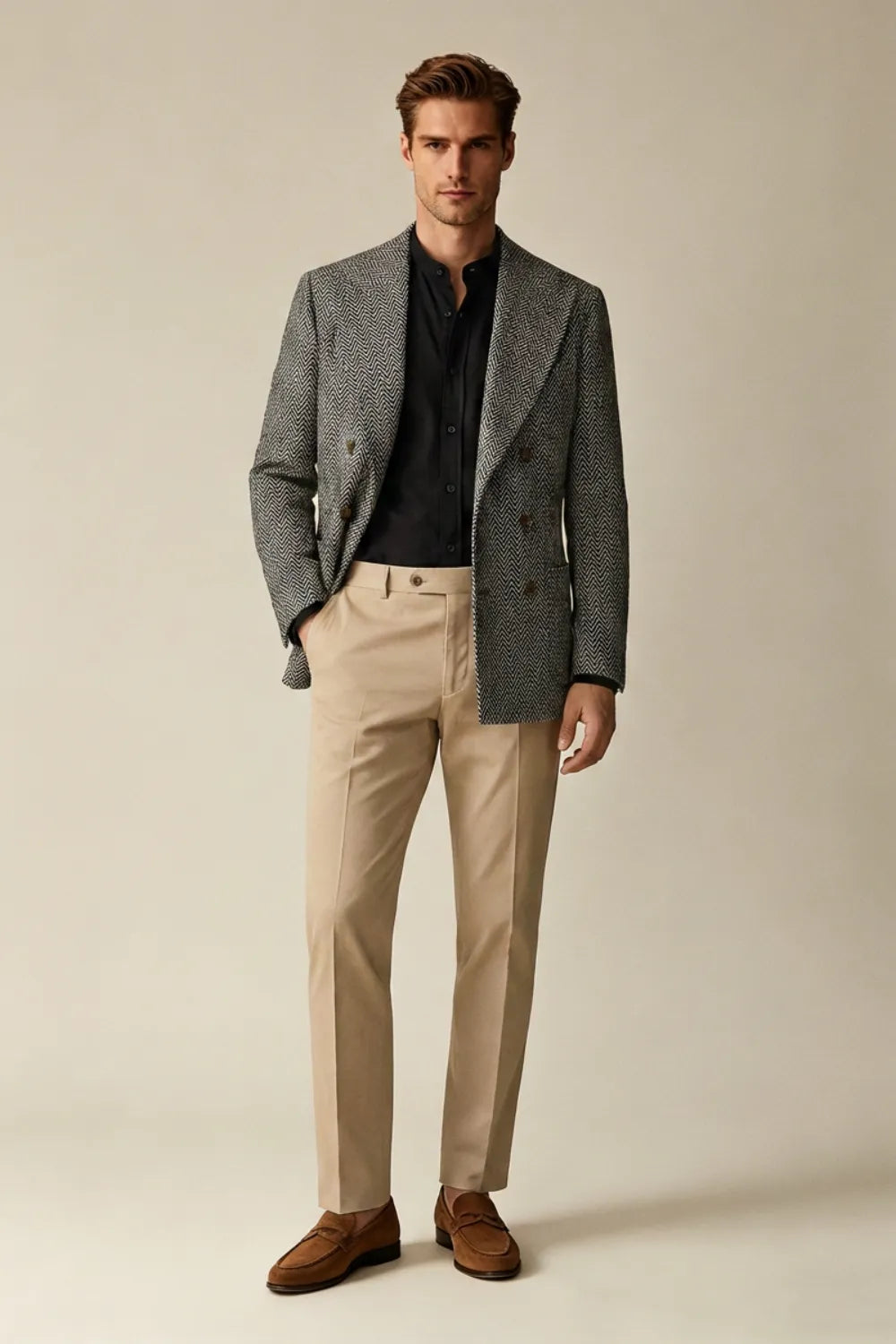 Men's Charcoal Grey Herringbone Double Breasted 2 Piece Suit