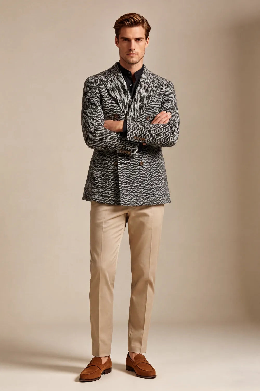 Men's Charcoal Grey Herringbone Double Breasted 2 Piece Suit