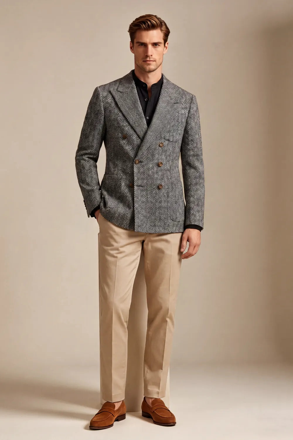 Men's Charcoal Grey Herringbone Double Breasted 2 Piece Suit