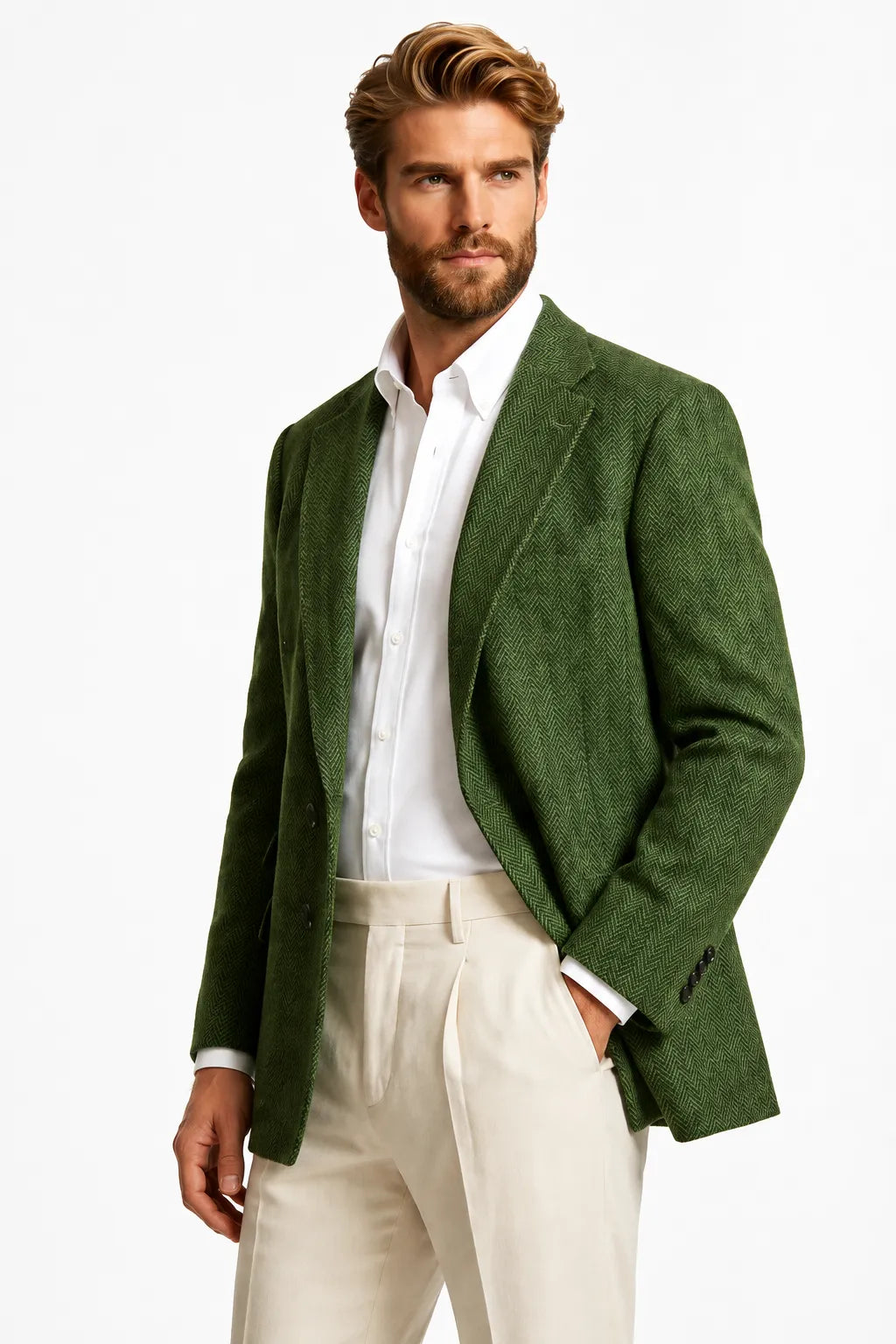 Men's Green Herringbone 2 Piece Suit