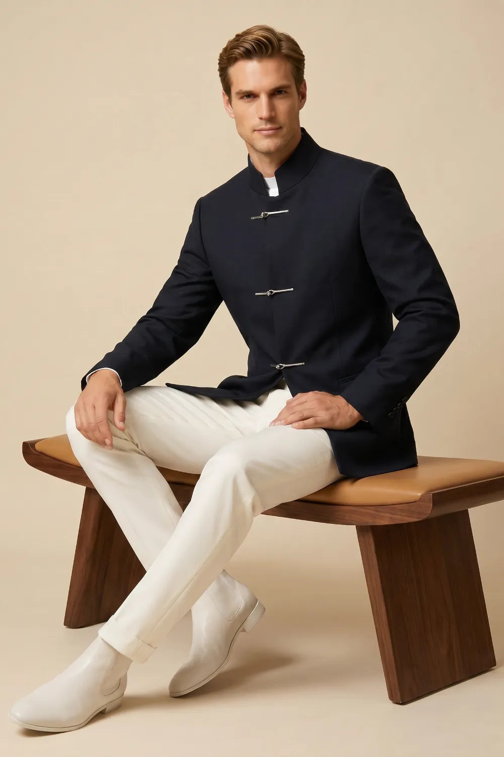 Men's Navy Mandarin Collar 2-Piece Suit