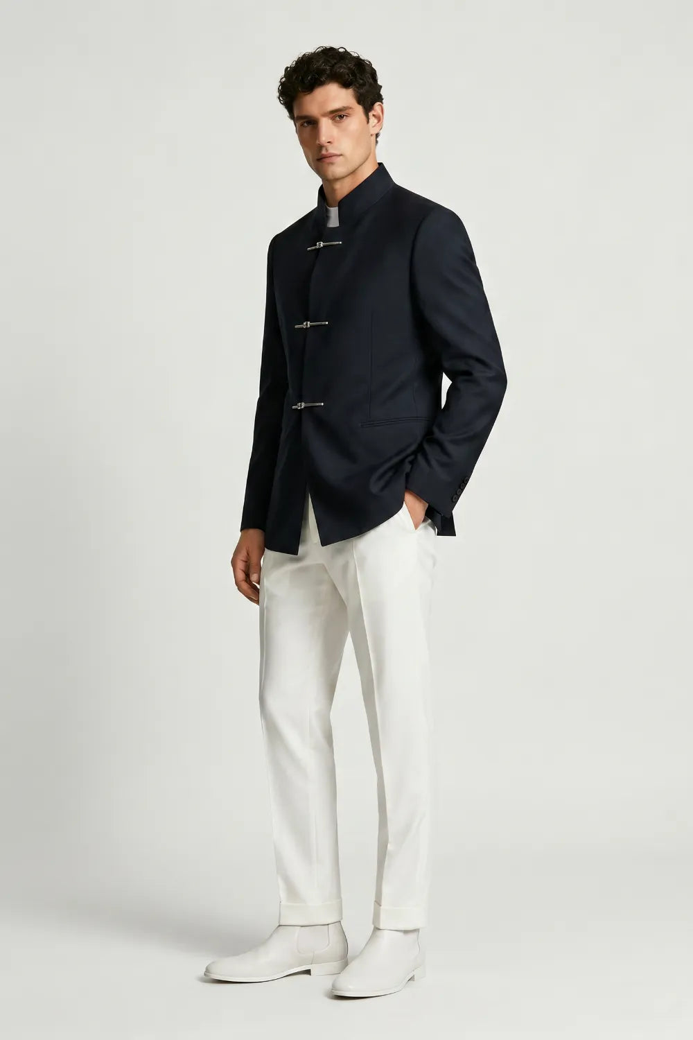 Men's Navy Mandarin Collar 2-Piece Suit