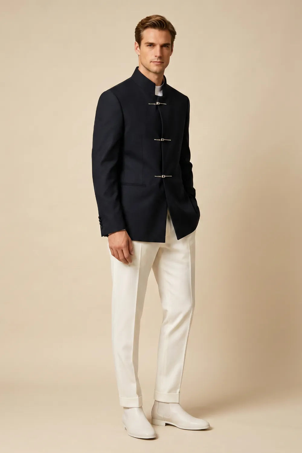 Men's Navy Mandarin Collar 2-Piece Suit