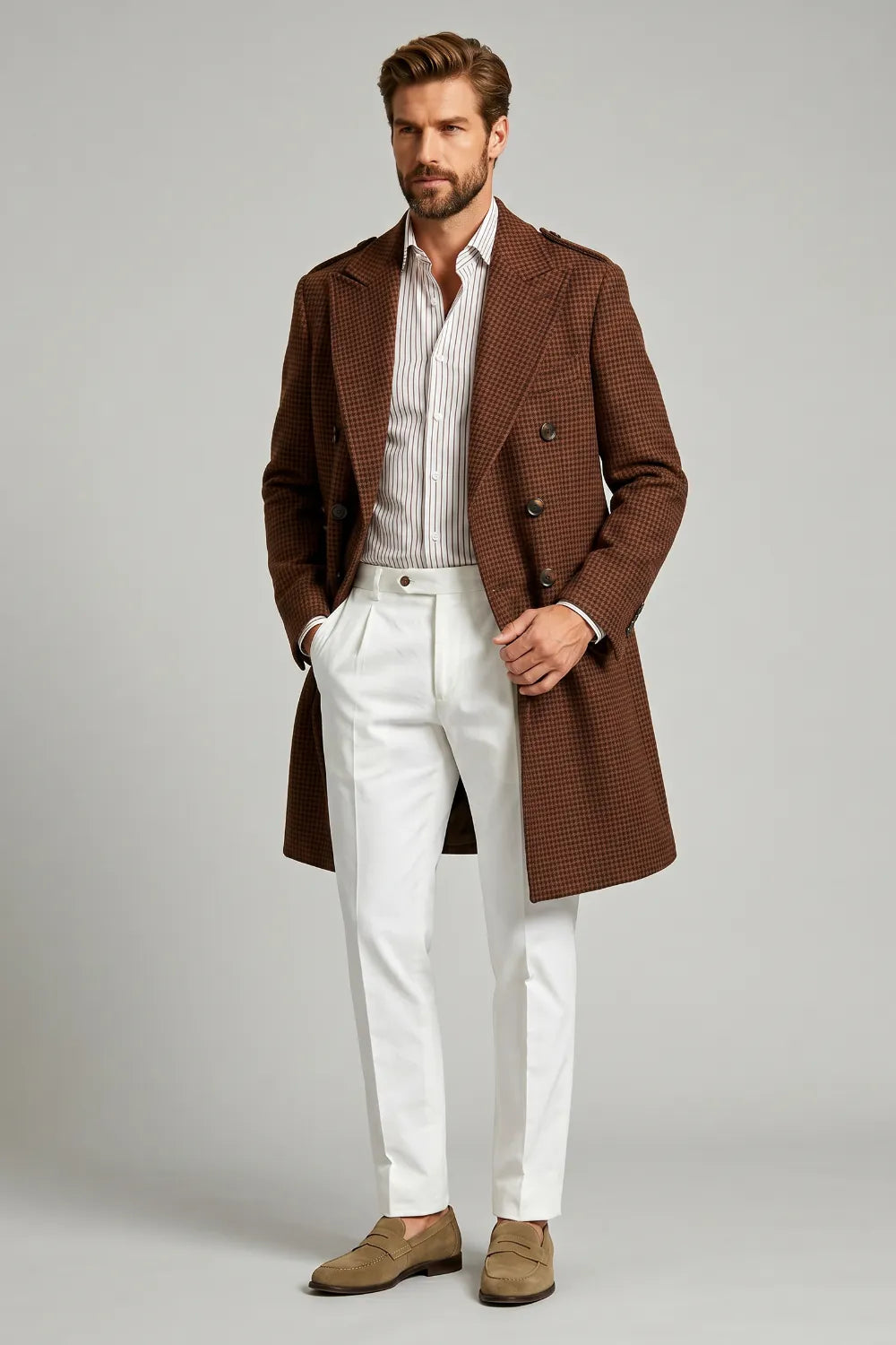 Men's Heritage Brown Houndstooth Officer Overcoat