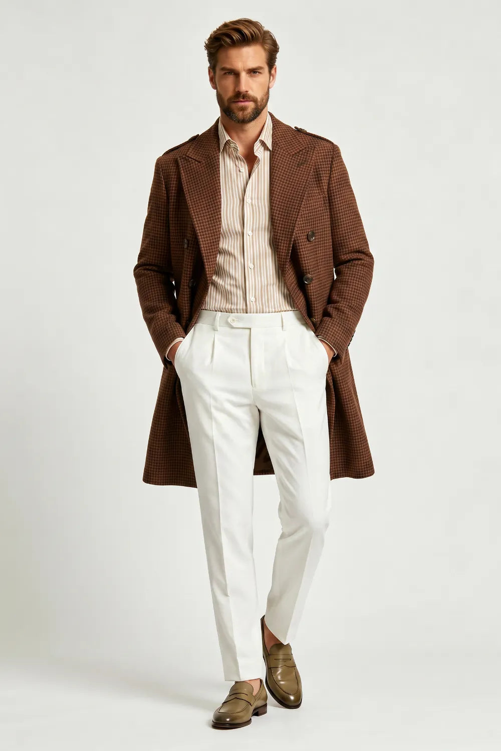 Men's Heritage Brown Houndstooth Officer Overcoat