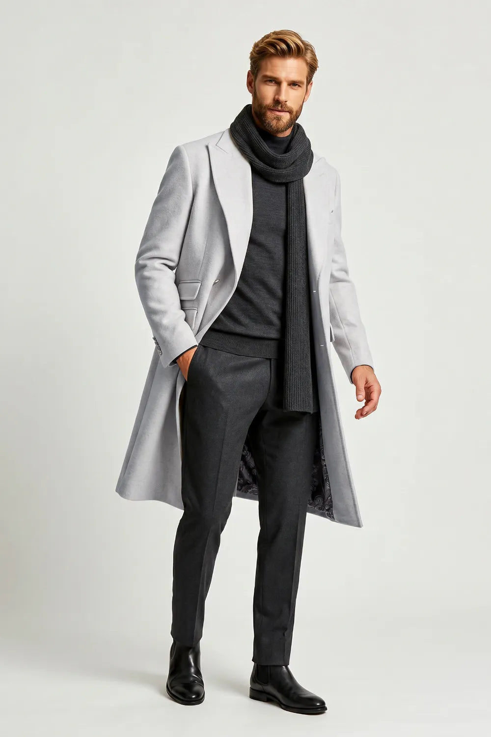 Men's Grey Single-Breasted Longline Coat