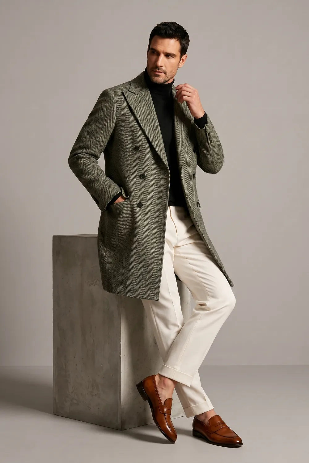 Men's Olive Grey Herringbone Tweed Double Breasted Overcoat