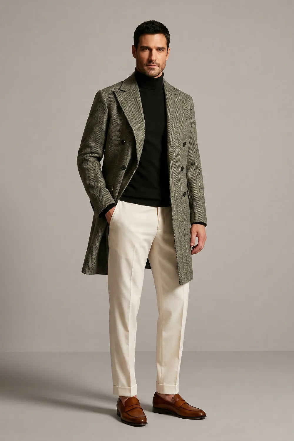 Men's Olive Grey Herringbone Tweed Double Breasted Overcoat