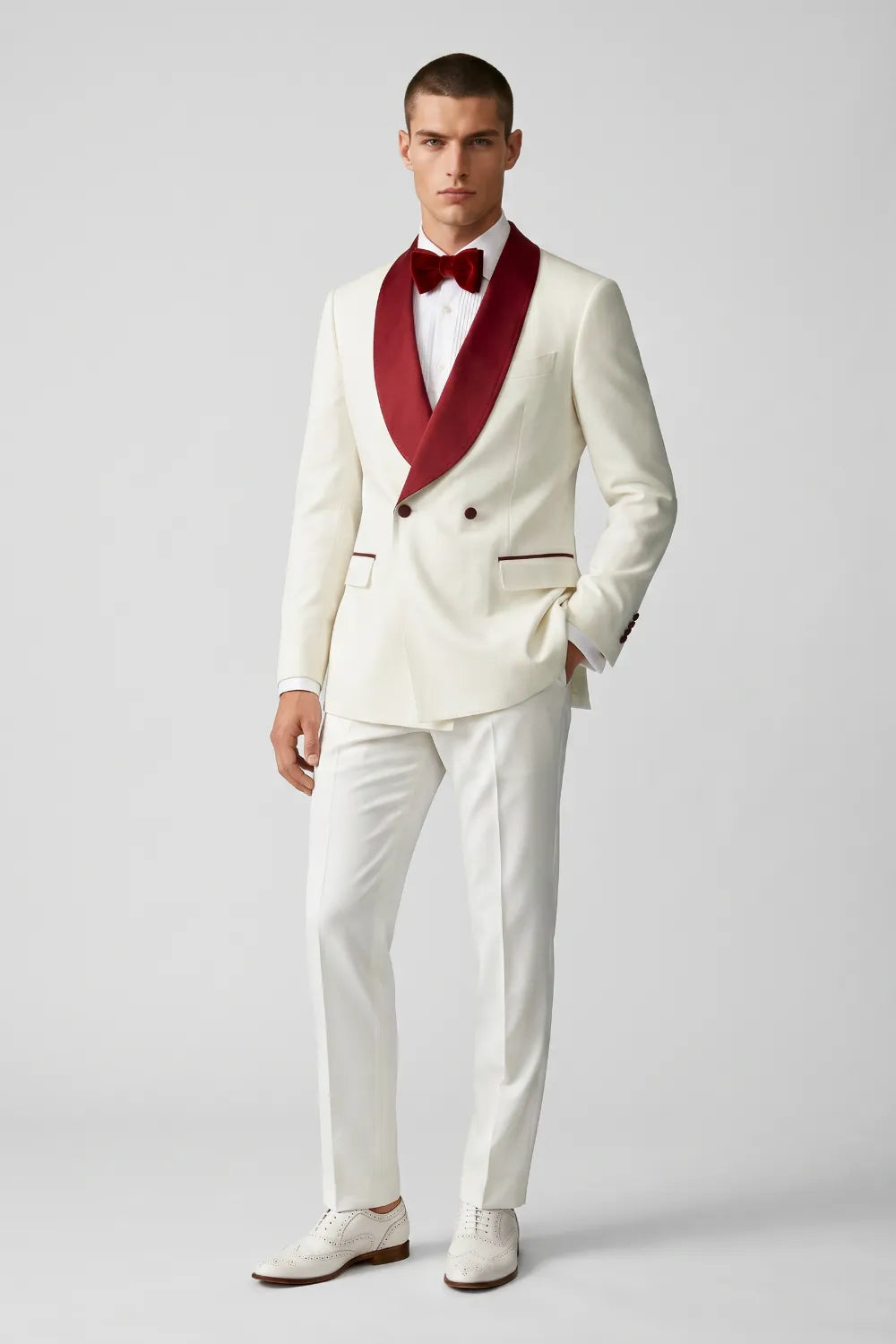 Men's White And Red Double Breasted Shawl Lapel Tuxedo