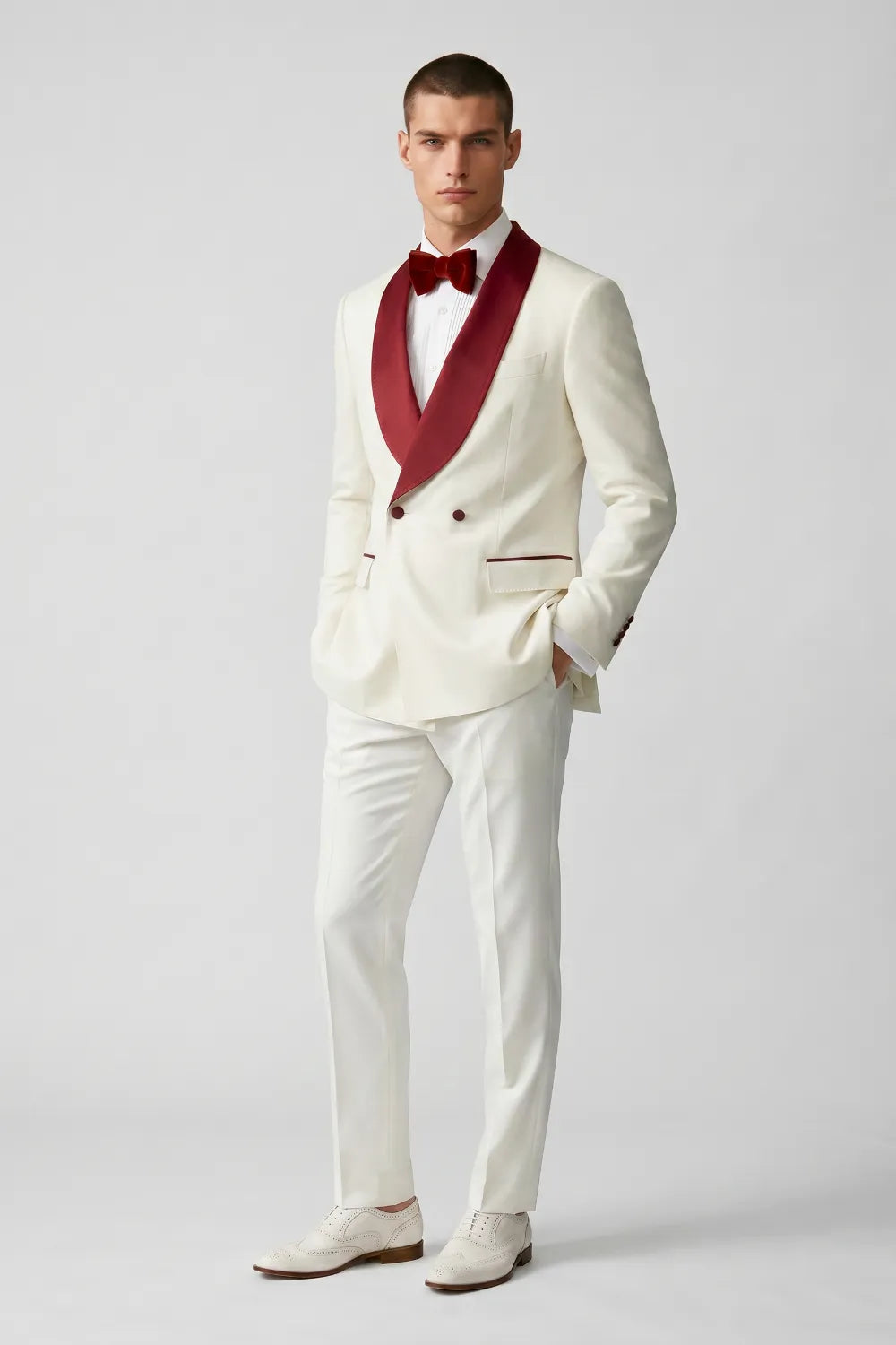 Men's White And Red Double Breasted Shawl Lapel Tuxedo