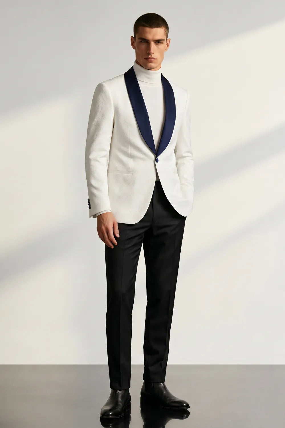Men's White Jacquard Navy Shawl Lapel 2-Piece Tuxedo Suit