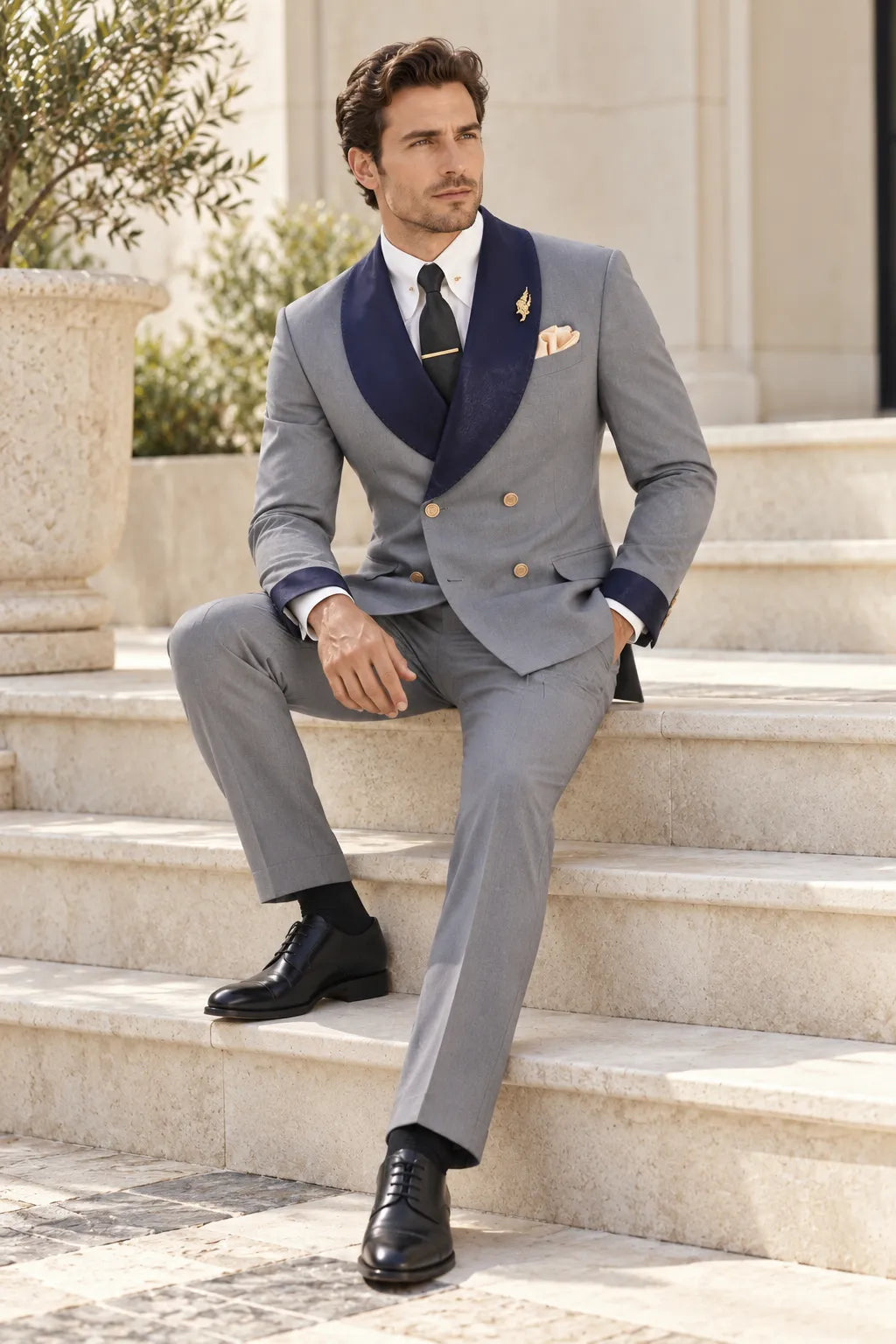Men's Light Grey Contrast Shawl Lapel 2 Piece Suit