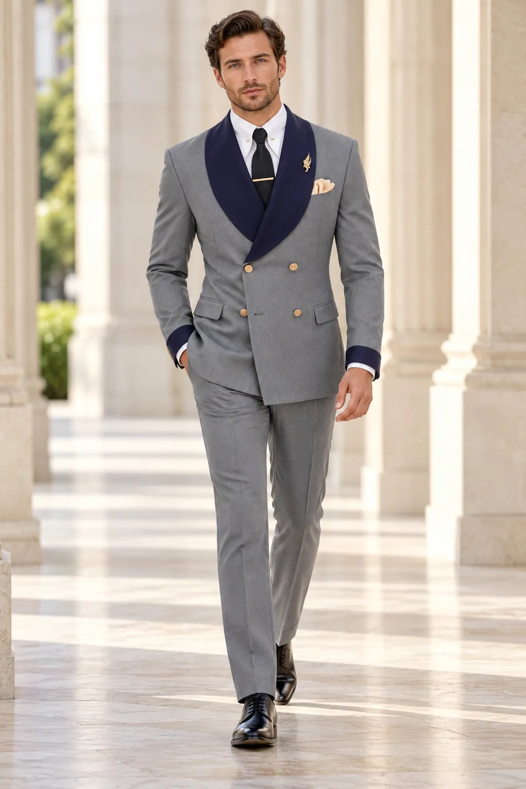 Men's Light Grey Contrast Shawl Lapel 2 Piece Suit