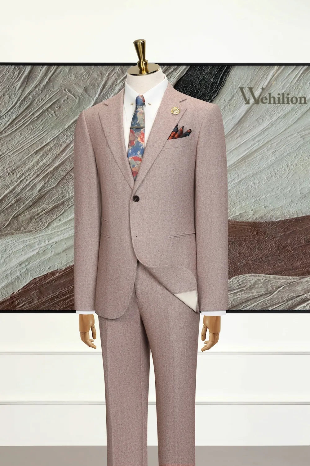 Men's Khaki Vintage-Inspired Herringbone 3 Piece Suit