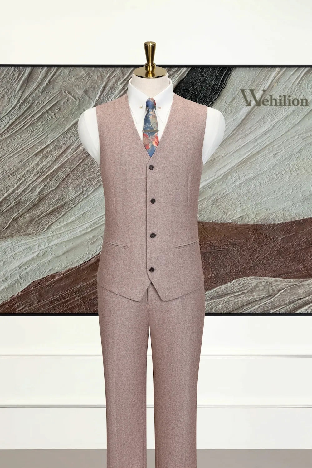 Men's Khaki Vintage-Inspired Herringbone 3 Piece Suit