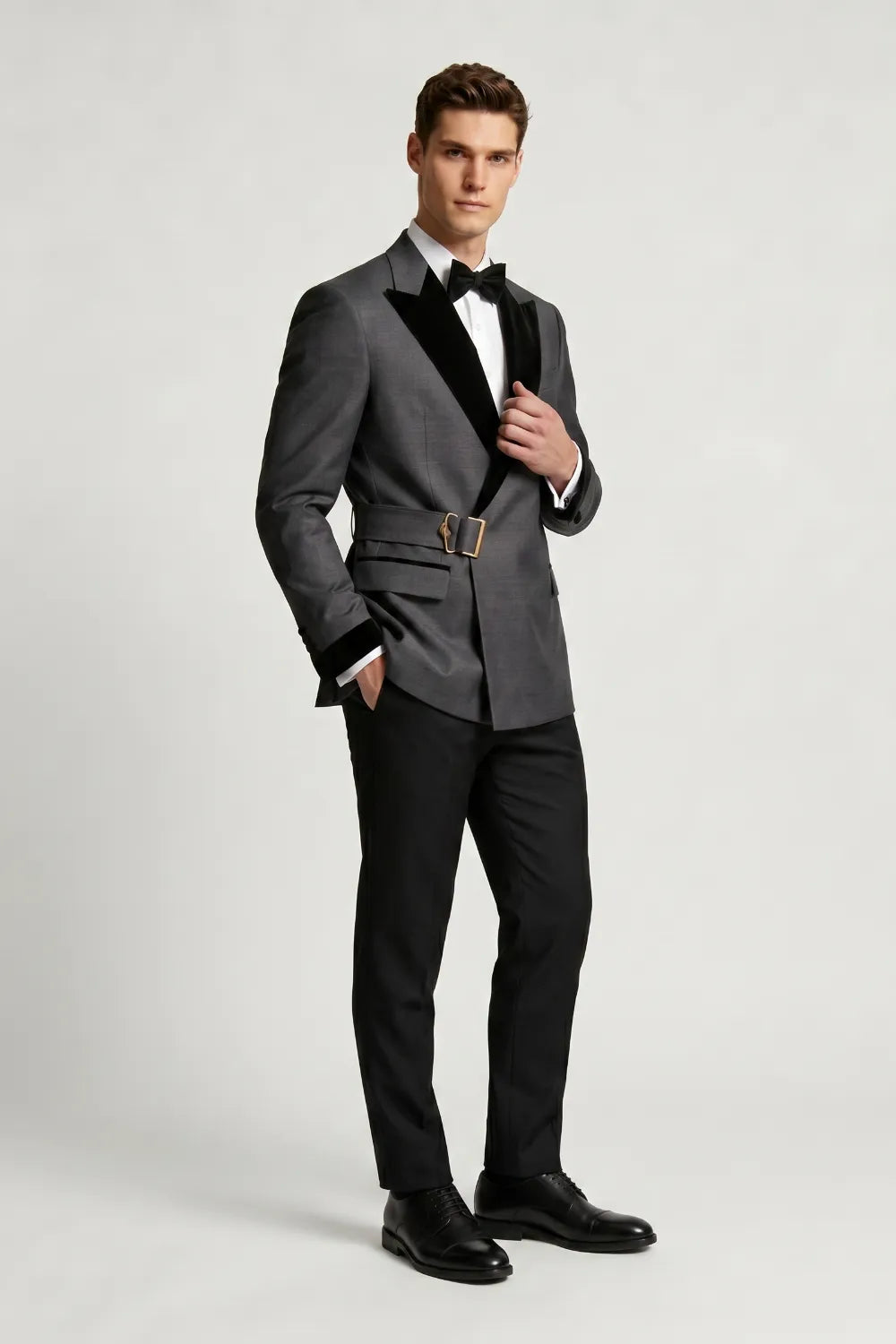 Men's Charcoal Grey Peak Lapel Belted Tuxedo 2-Piece Suit