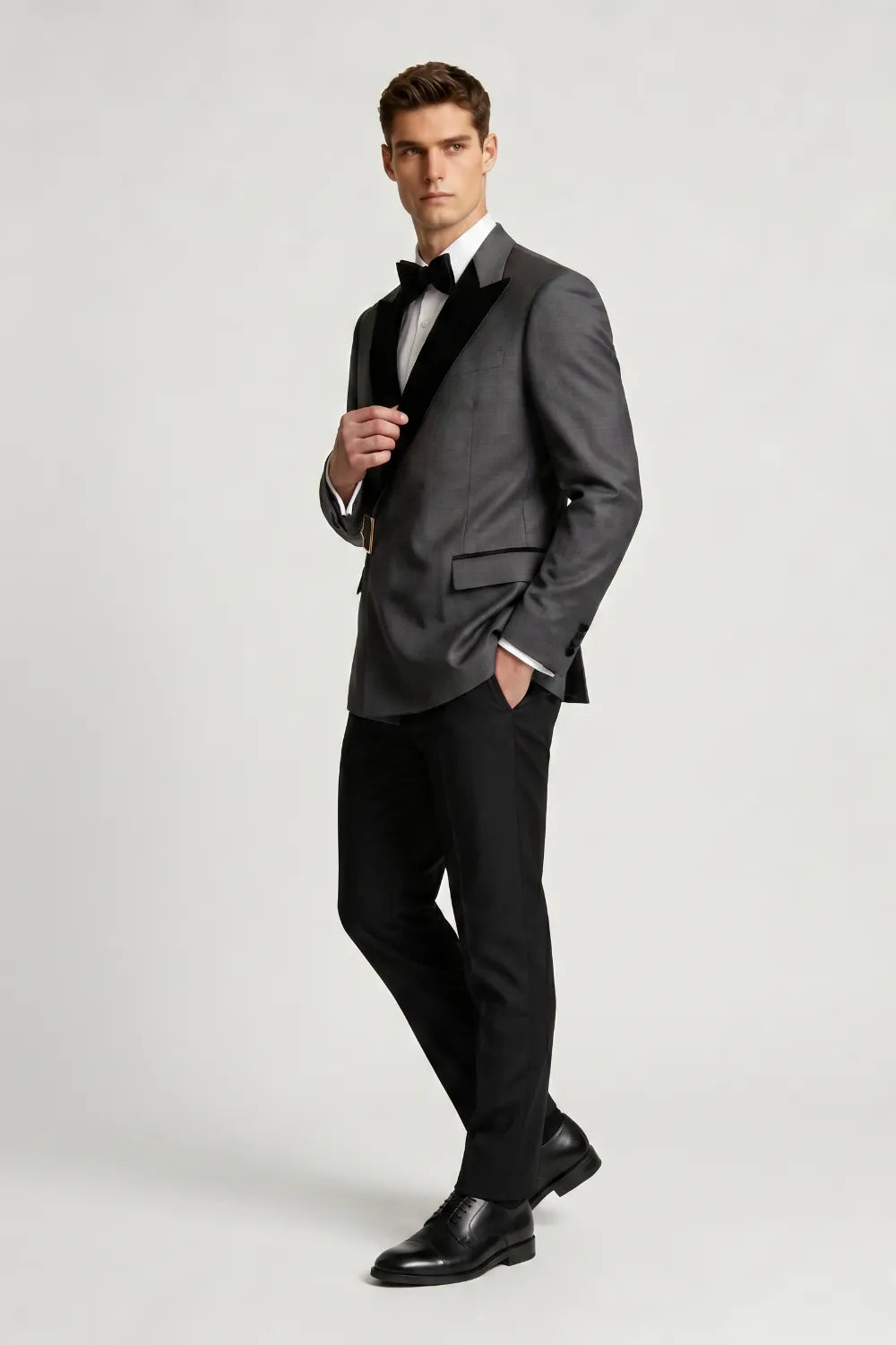 Men's Charcoal Grey Peak Lapel Belted Tuxedo 2-Piece Suit
