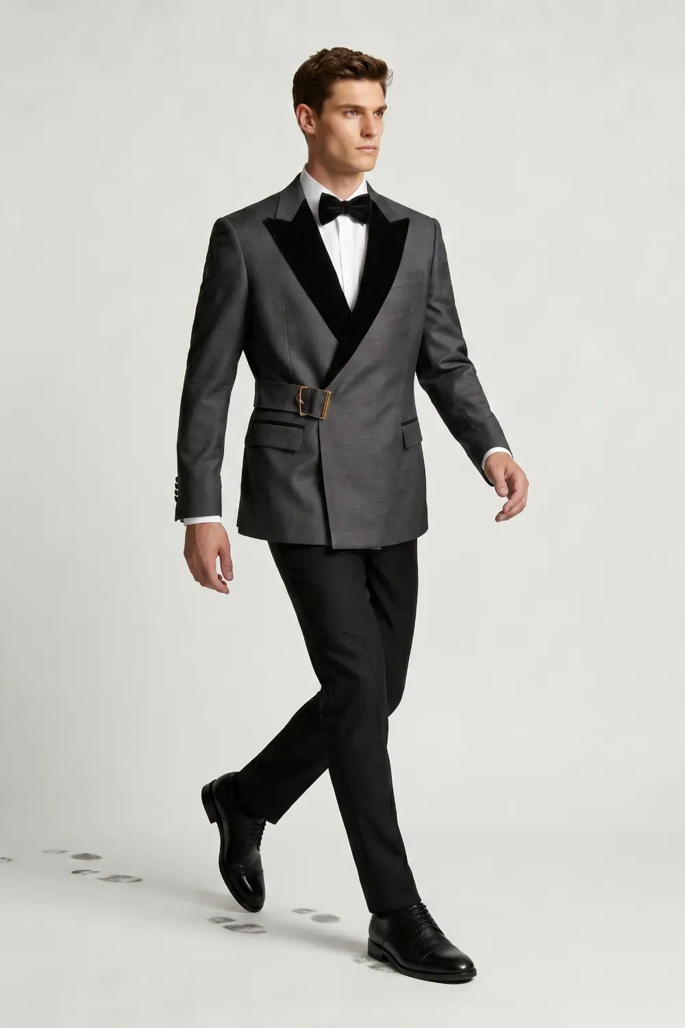 Men's Charcoal Grey Peak Lapel Belted Tuxedo 2-Piece Suit