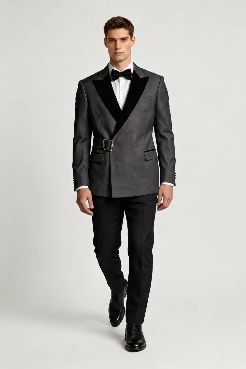 Men's Charcoal Grey Peak Lapel Belted Tuxedo 2-Piece Suit