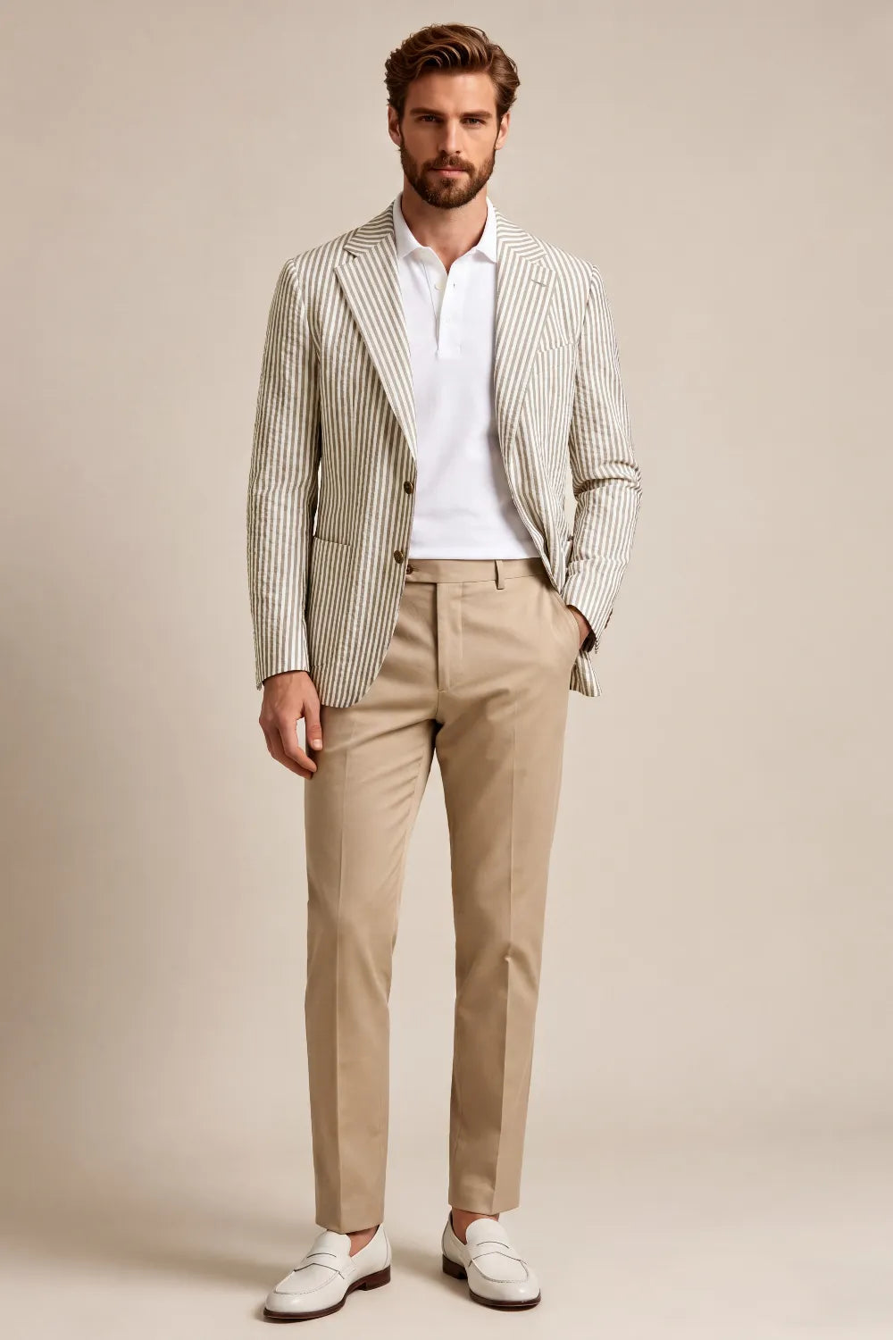 Men's Cream Striped Seersucker Notch Lapel 2 Piece Suit