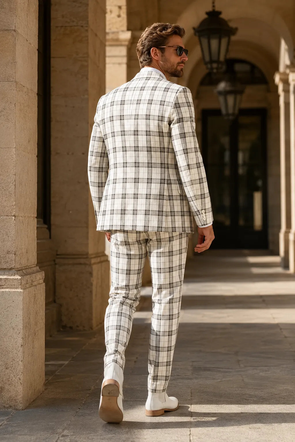 Men's White Windowpane Double Breasted 2 Piece Suit