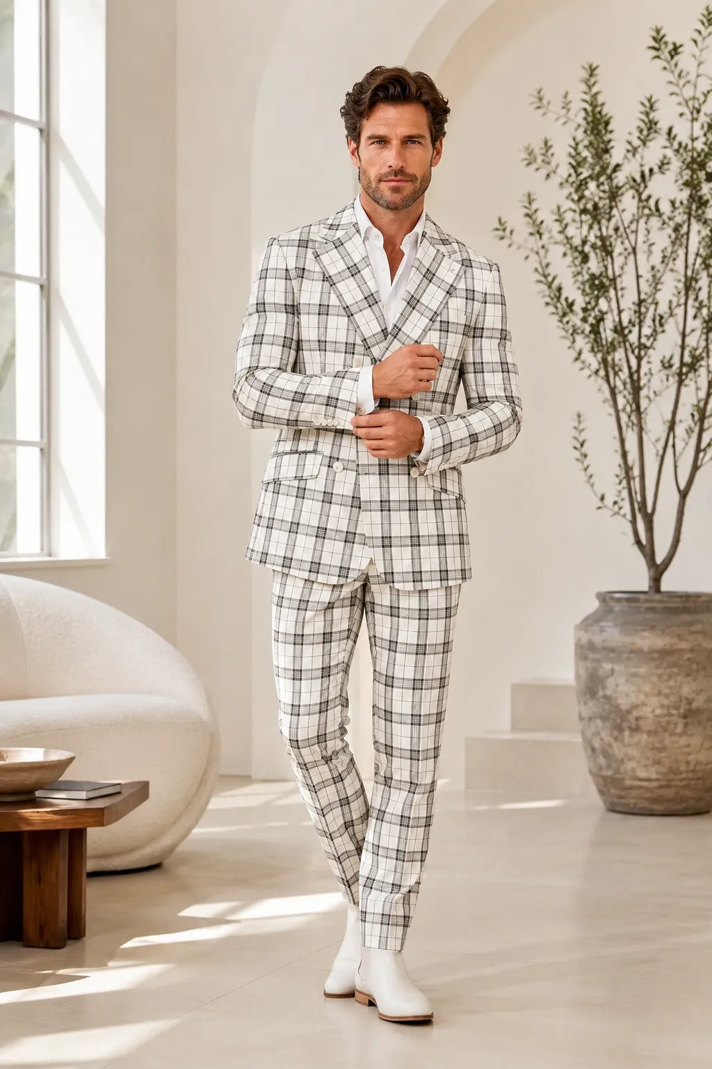 Men's White Windowpane Double Breasted 2 Piece Suit