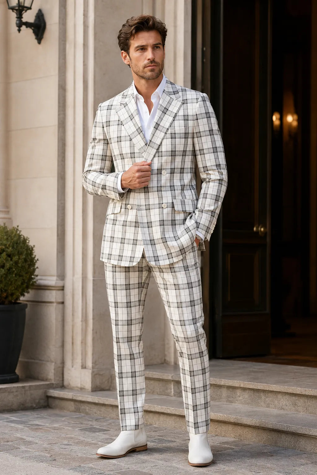 Men's White Windowpane Double Breasted 2 Piece Suit