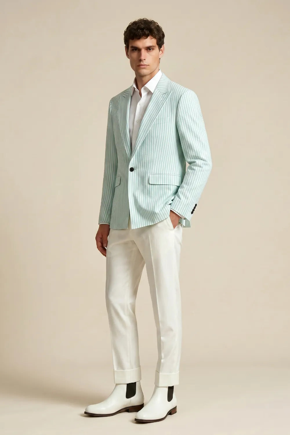 Men's Mint Green Striped Peak Lapel One Button Seersucker Blazer
