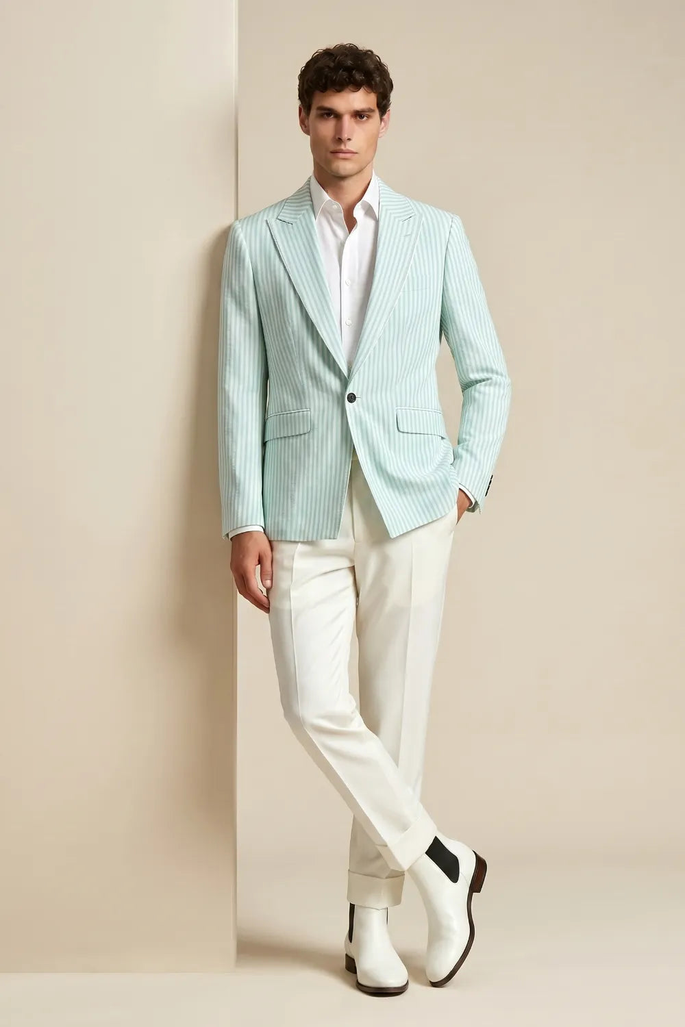 Men's Mint Green Striped Peak Lapel One Button Seersucker Blazer