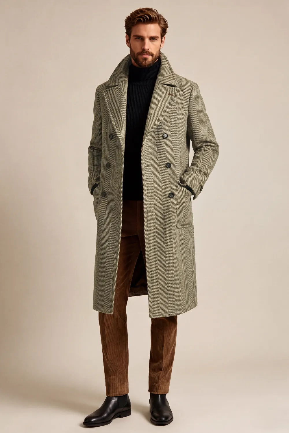Men's Taupe Herringbone Double Breasted Overcoat