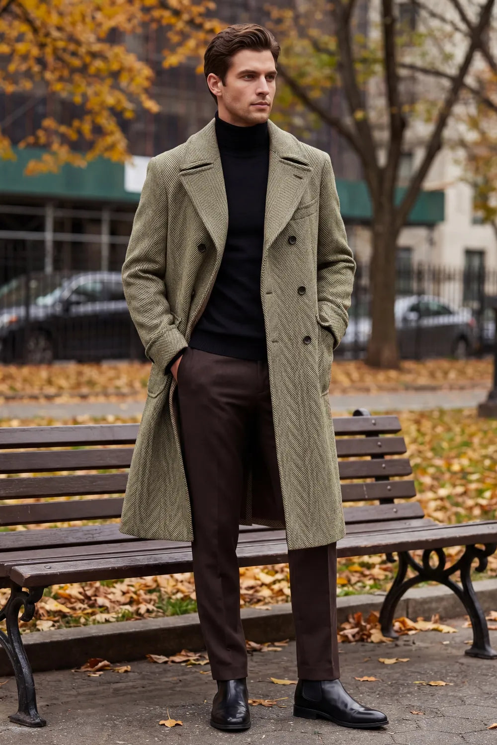 Men's Taupe Herringbone Double Breasted Overcoat