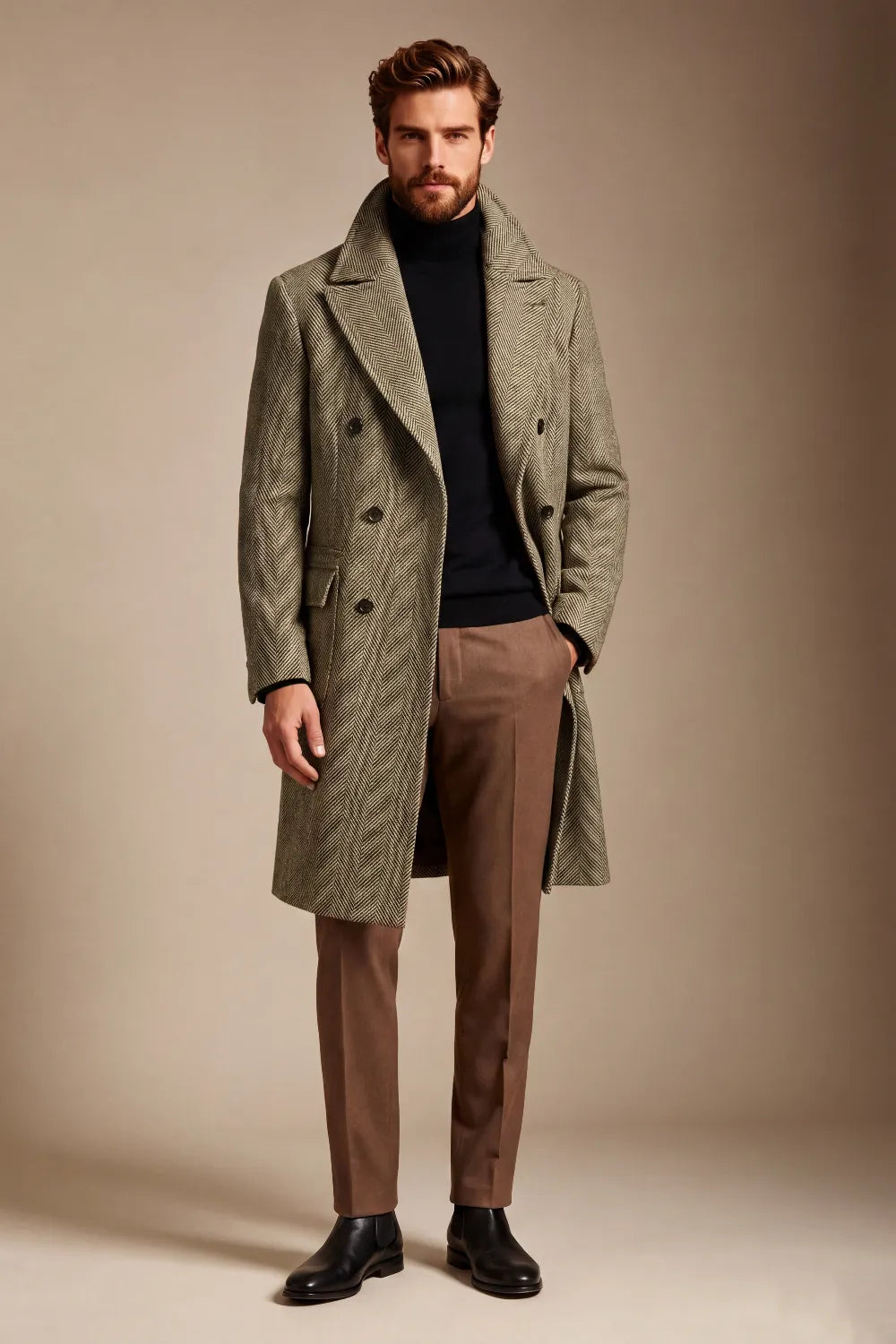 Men's Taupe Herringbone Double Breasted Overcoat