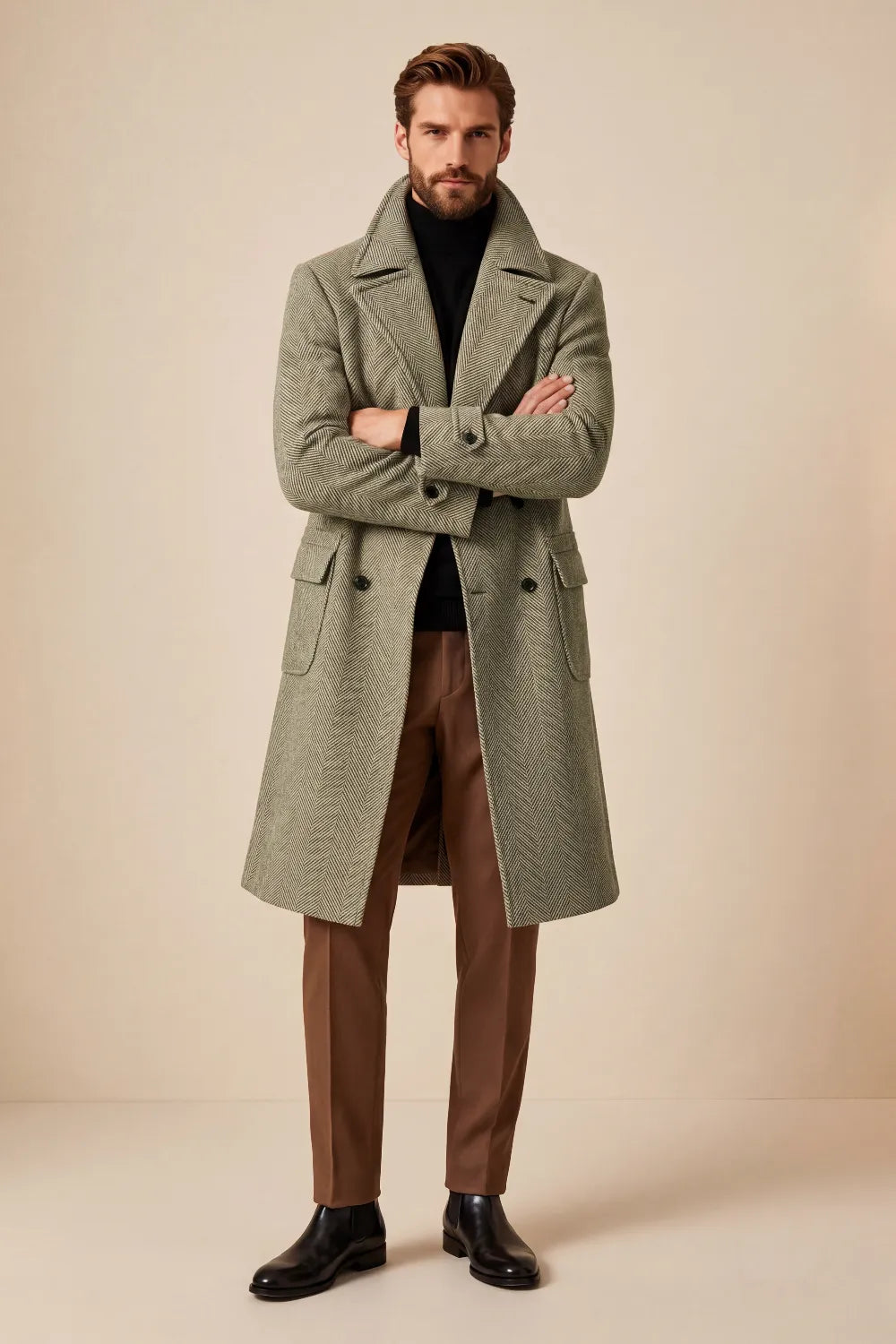 Men's Taupe Herringbone Double Breasted Overcoat