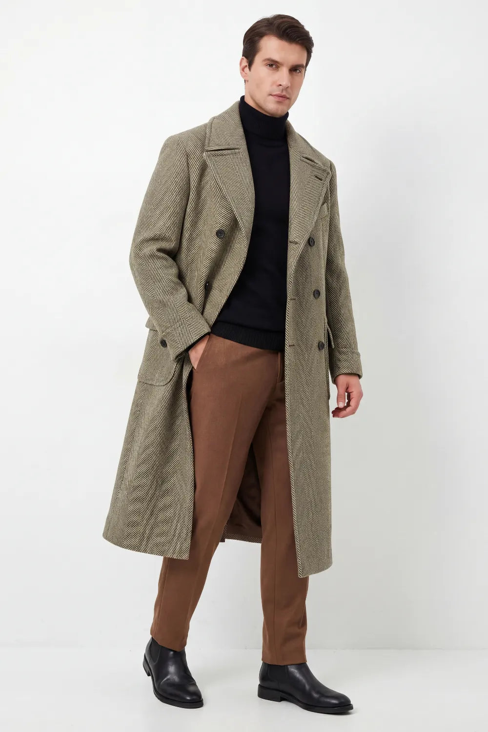 Men's Taupe Herringbone Double Breasted Overcoat