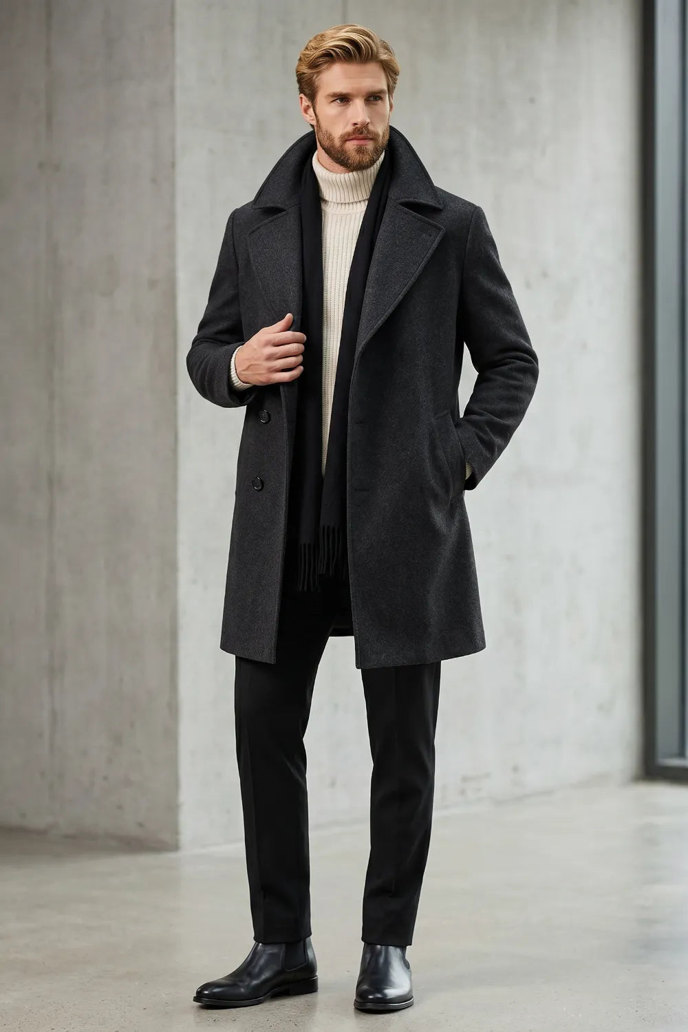 Men's Charcoal Single-Breasted Longline Coat